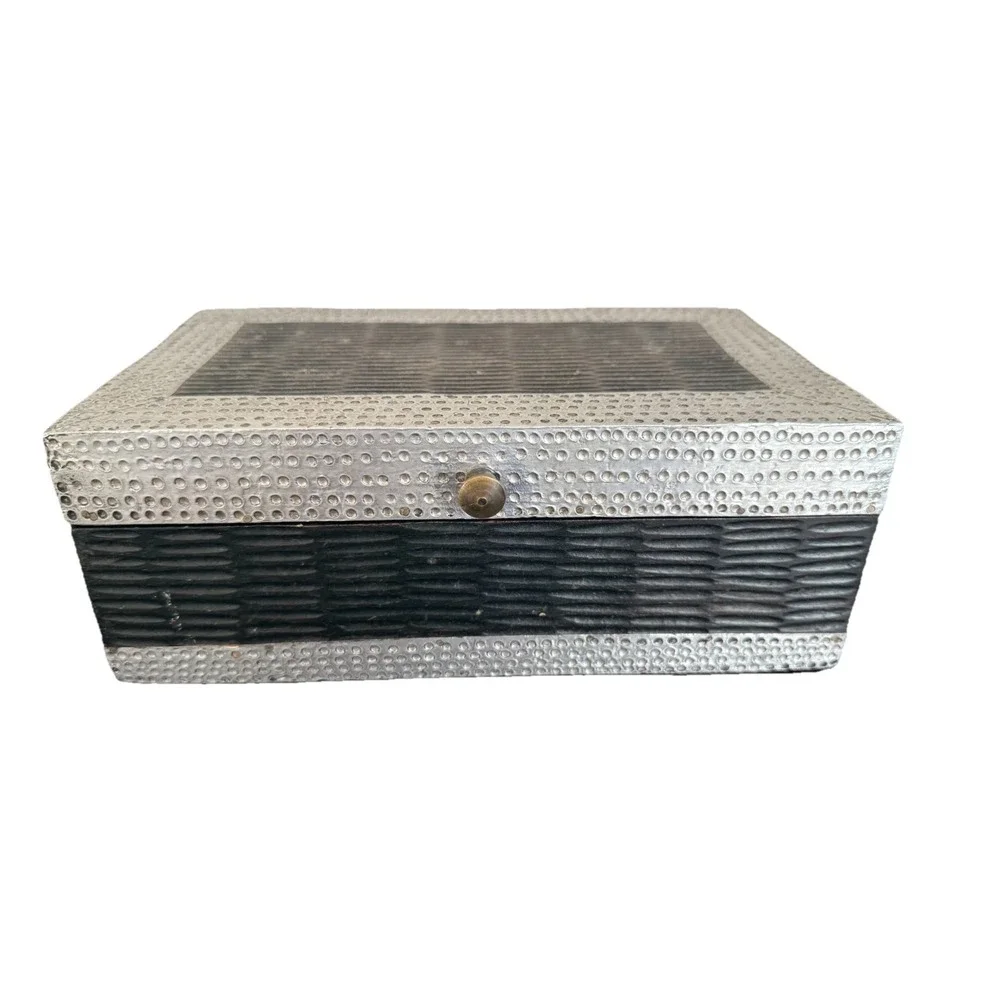 Vintage MCM Wood jewelery box  with silver Metal Accent storage organizer